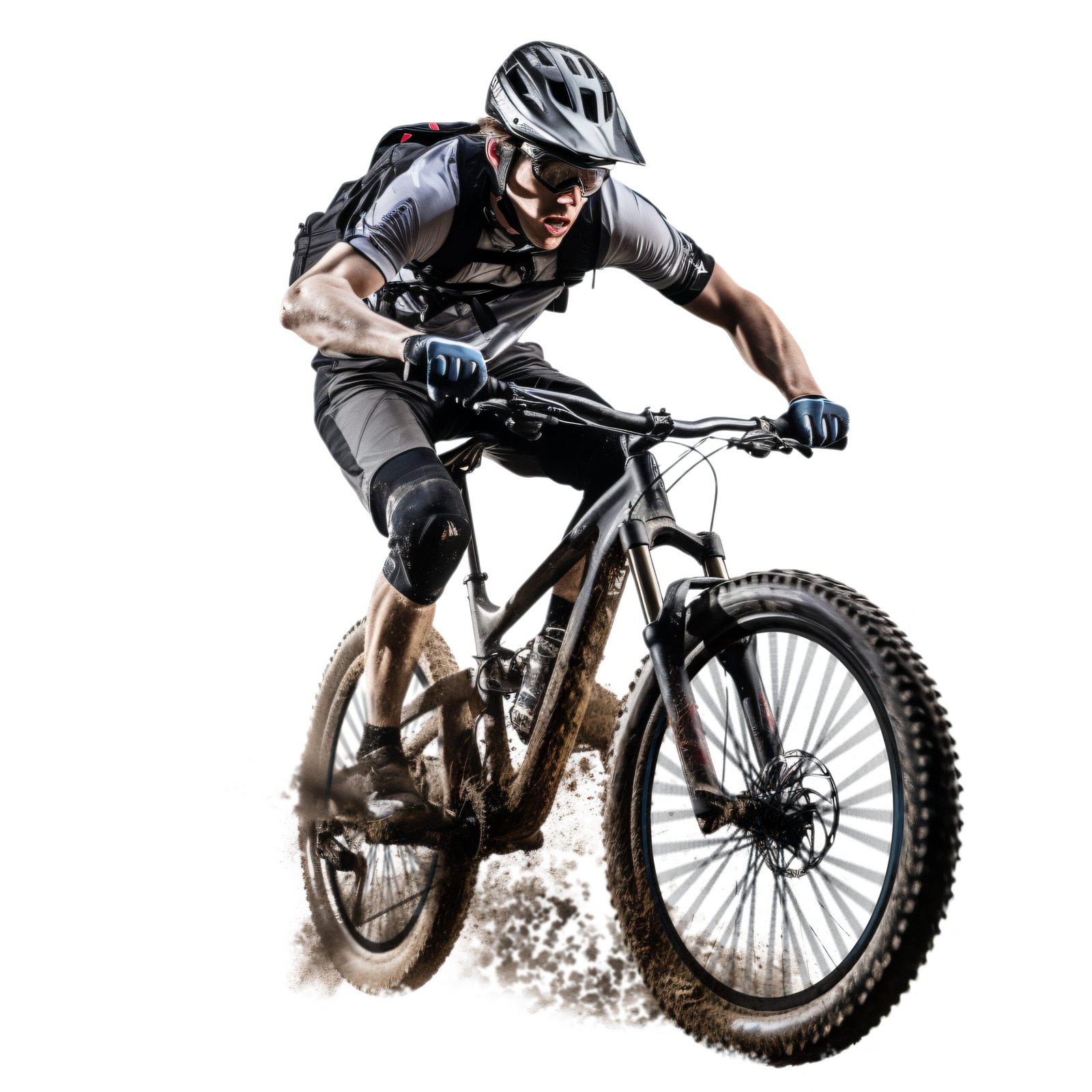 Man on a mountain bike in motion on white background
