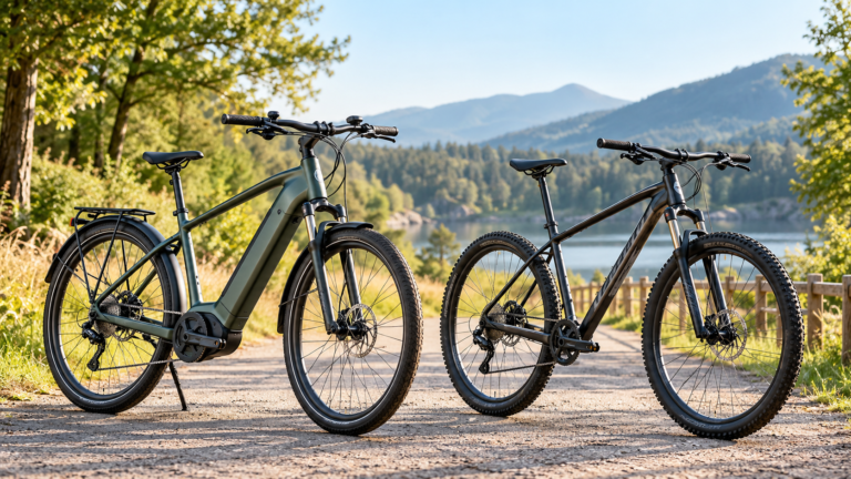 Bicicleta eléctrica y bicicleta convencional juntas en un camino rodeado de naturaleza.