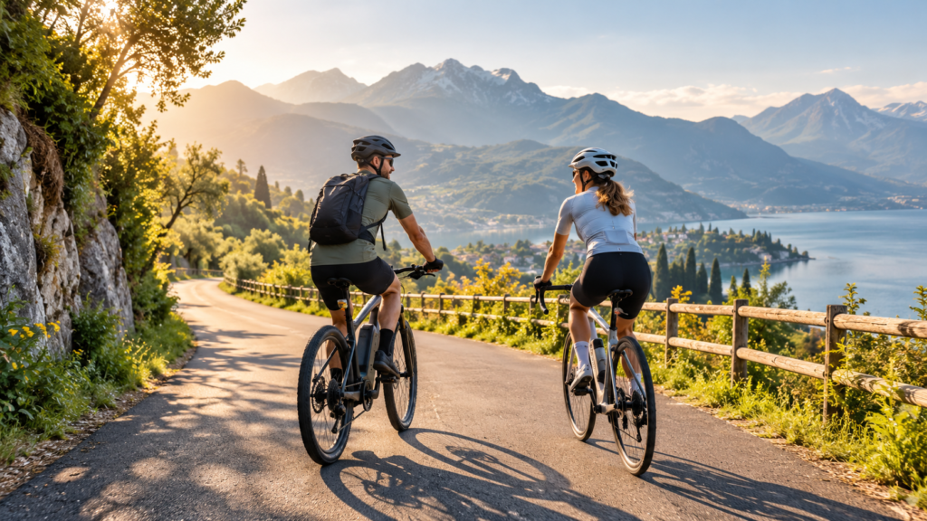 Dos ciclistas disfrutando de una ruta en bicicleta por un camino de montaña rodeado de naturaleza.